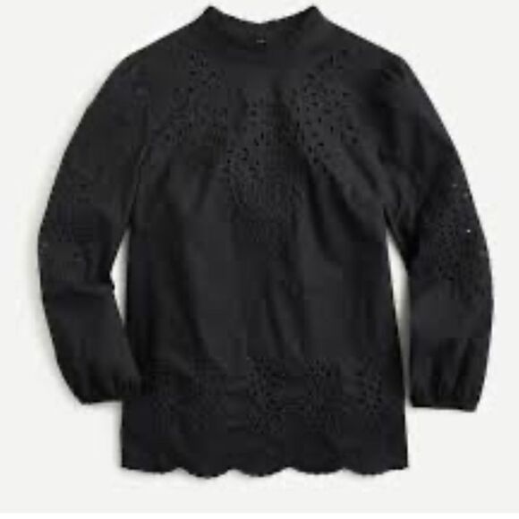 J.Crew, black blouse size med Mockneck cotton poplin top with embroidered eyelet - Picture 2 of 8